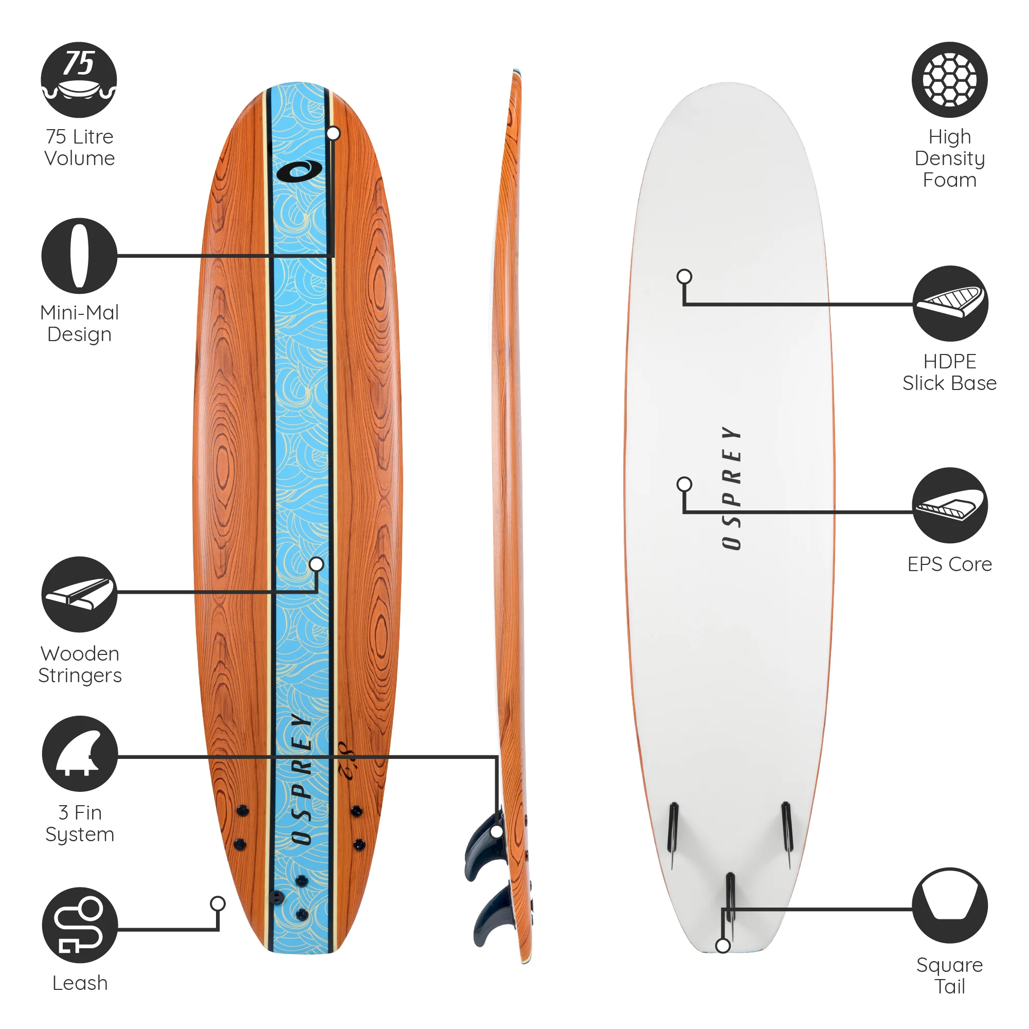 8ft 2in Foam Surfboard - Wood - Image 7