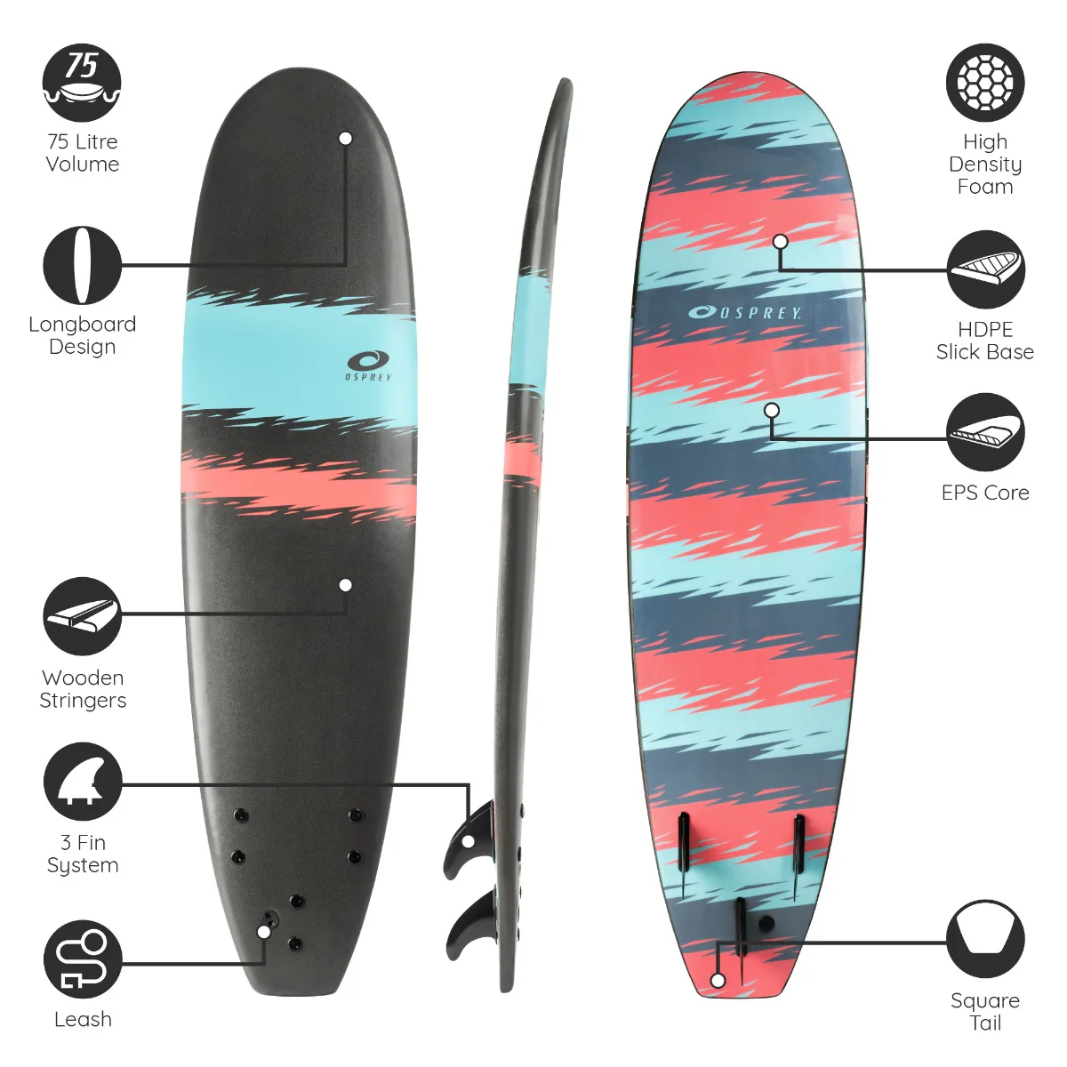 8ft 2in Foam Surfboard - Jagged Stripe - Image 6