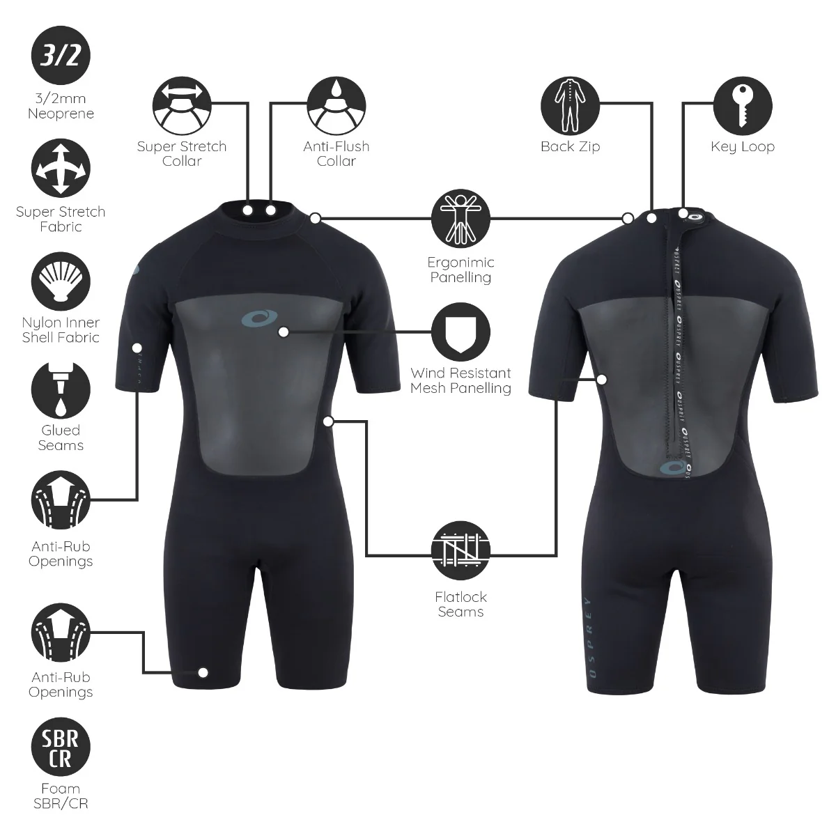 Mens 3mm Origin Shorty  Wetsuit - Black - Image 6